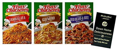 Tony Chacheres Famous Creole Cuisine Dinner Mix - 3 Flavor -1- each Jambalaya  Gumbo  Red Beans and Rice -7-8 Ounces- Plus Recipe Booklet Bundle