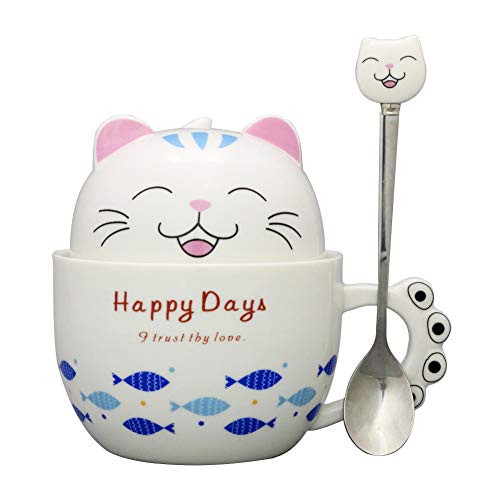 Teagas Cute Funny Cat Mug with Spoon Ceramic Coffee Mugs Cup for Women Cat Lovers Gift Mug