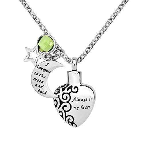 LovelyCharms Always in My Heart Love Urn Necklace for Ashes Stainless Steel Keepsake Memorial Cremation -August-