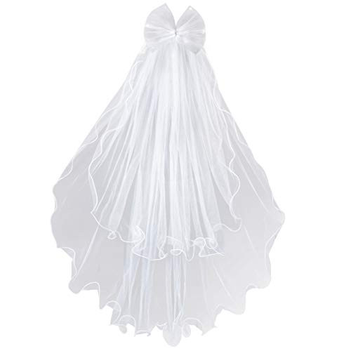 Lystaii Girls Bowknot Rhinestone Veil Flower Headband Hair Wreath Floral Crown Veil Girls Veil First Communion First Holy Communion Veils Headpiece Ve