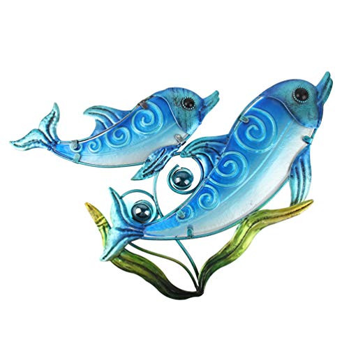 HONGLAND Metal Dolphin with seaweed Wall Decor Indoor Art Sculpture Hanging Glass Decorations for Home Garden Bedroom