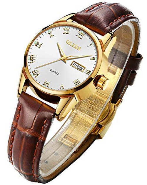 OLEVS Womens Business Dress Watches for Ladies Female White Dial Brown Leather Strap Big Face Dress Analog Quartz Wrist Watch with Calendar Day Date