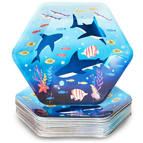 Under the Sea Shark Birthday Party Paper Plates  Hexagon -9 Inches  48 Pack-