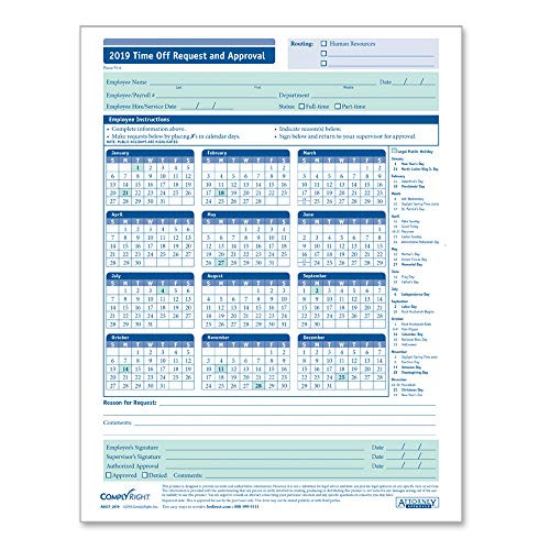 ComplyRight 2019 Time Off Request and Approval Calendar  50 Pack