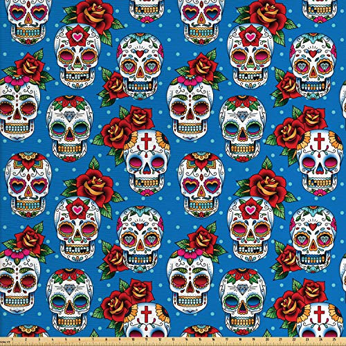 Ambesonne Sugar Skull Fabric by The Yard  Pattern Skulls and Roses in Floral Mexican Style Ornaments Print  Decorative Fabric for Upholstery and Home