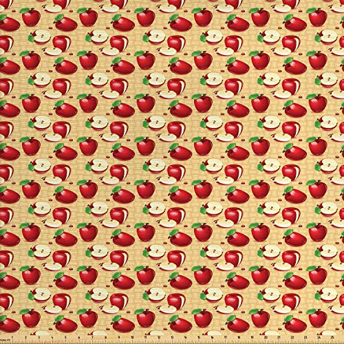 Lunarable Apple Fabric by The Yard  Red Apples Whole and Sliced on Wicker Natural Wood Background Graphic Print  Decorative Fabric for Upholstery and