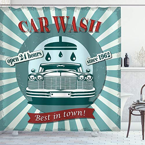 Ambesonne Retro Shower Curtain  Vintage Graphic Design for a Car Wash Sign Commercial with Aged Classic Retro Arsty  Cloth Fabric Bathroom Decor Set w