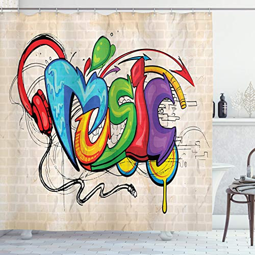 Ambesonne Music Shower Curtain  Illustration of Graffiti Style Lettering Headphones Hip Hop Theme on Beige Bricks  Cloth Fabric Bathroom Decor Set wit
