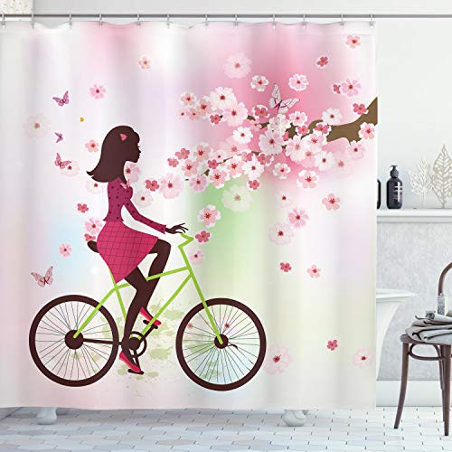 Ambesonne Feminine Shower Curtain Girl on Bike Passing by Cherry Trees Blooms Spring Nature Seasonal Illustration Cloth Fabric Bathroom Decor Set wi Ambesonne Feminine Shower Curtain Girl on Bike Passing by Cherry Trees Blooms Spring Nature Seasonal Illustration Cloth Fabric Bathroom Decor Set wi
