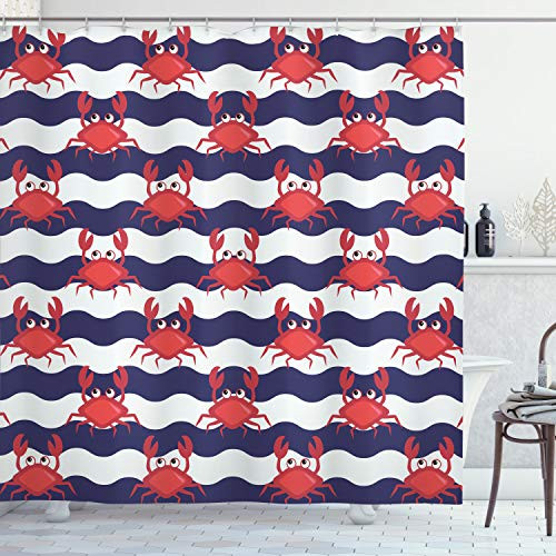 Ambesonne Crabs Shower Curtain  Nautical Maritime Theme Crabs on Striped Background Illustration Print  Cloth Fabric Bathroom Decor Set with Hooks  70