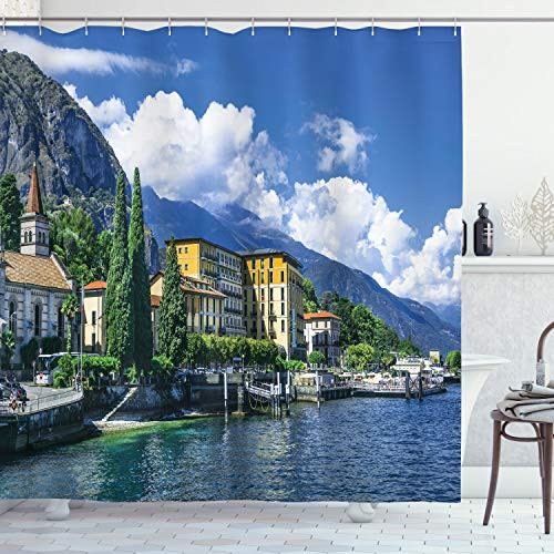 Ambesonne Italy Shower Curtain  Panoramic Landscape of Lake Como Mountains and Clouds Digital Image Print  Cloth Fabric Bathroom Decor Set with Hooks