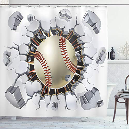 Ambesonne Sports Shower Curtain  Baseball and Old Plaster Concrete Wall Damage Illustration Competition  Cloth Fabric Bathroom Decor Set with Hooks  7