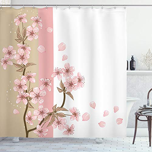 Ambesonne Japanese Shower Curtain  Romantic Sakura Blooms Flowers Petals Spring Wind Eastern Nature Theme  Cloth Fabric Bathroom Decor Set with Hooks