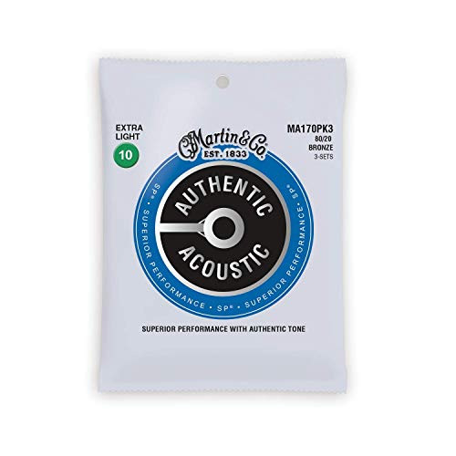 Martin Authentic Acoustic MA170 Extra-Light-Gauge Acoustic Guitar Strings  80-20 Bronze  3-Pack