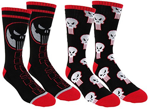 Marvel Punisher Mens Athletic Crew Socks 2 Pair Pack -One Size  Punisher Black-