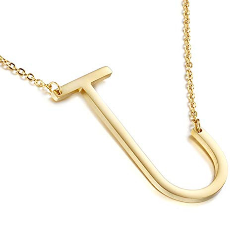 MOMOL Sideways Initial Necklace 18K Gold Plated Stainless Steel Large Big Letter J Pendant Necklace Script Name Monogram Necklaces for Women Girls Kid