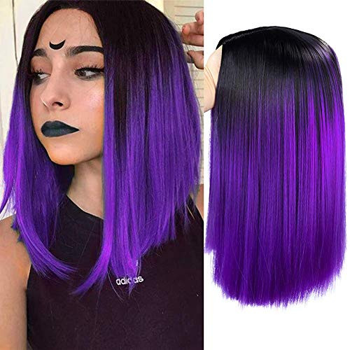 HANNE Ombre Black to Purple Bob Wig Shoulder Length Bob Hair Short Straight Bob Wigs for Women -Ombre Purple- HANNE Ombre Black to Purple Bob Wig Shoulder Length Bob Hair Short Straight Bob Wigs for Women -Ombre Purple-