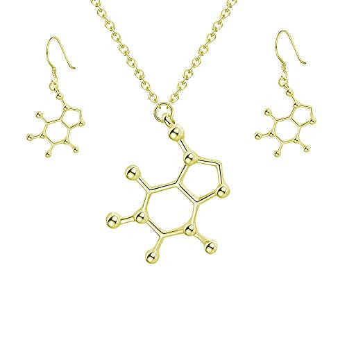 Caffeine Molecule Earrings  Happiness Neurotransmitter Earrings  Organic Chemistry Jewelry for Science Lovers and Science Major -Ggold set-