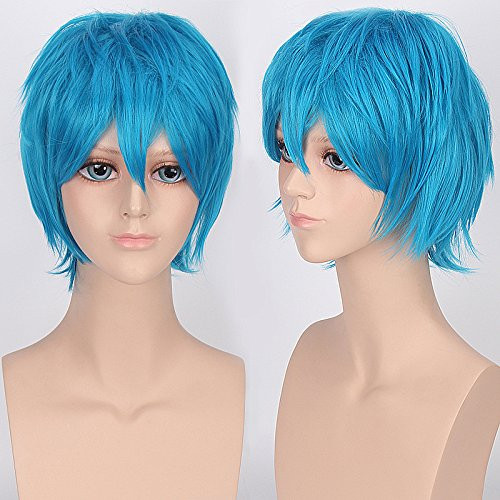 COOLSKY Male Short Anime Fluffy Light Blue Bangs Wig for Men Unisex Cosplay Party Hair Wigs