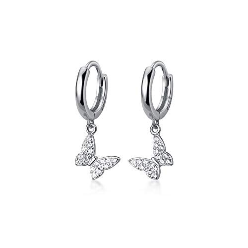 Dainty Butterfly Dangle Hoop Earrings 925 Sterling Silver for Women Girls Cute CZ Crystal Diamond Sparkly Charm Drop Cartilage Small Huggie Hoops 10mm