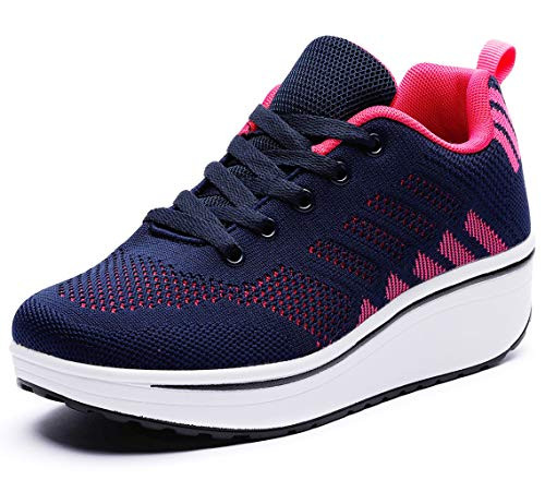 DADAWEN Womens Platform Wedge Tennis Walking Shoes Breathable Lightweight Casual Comfort Fashion Sneaker Navy-Hot Pink US Size 9