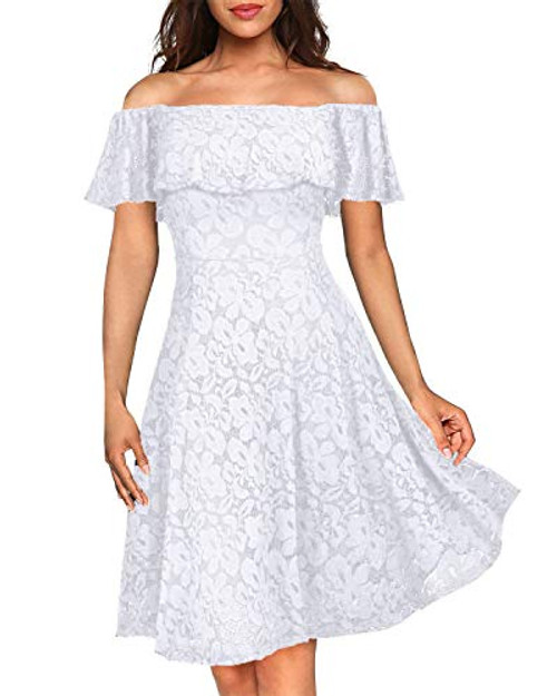 Kidsform Womens Off Shoulder Lace Dress Vintage Cocktail Party Wedding Summer Formal Midi Dresses White L Kidsform Womens Off Shoulder Lace Dress Vintage Cocktail Party Wedding Summer Formal Midi Dresses White L
