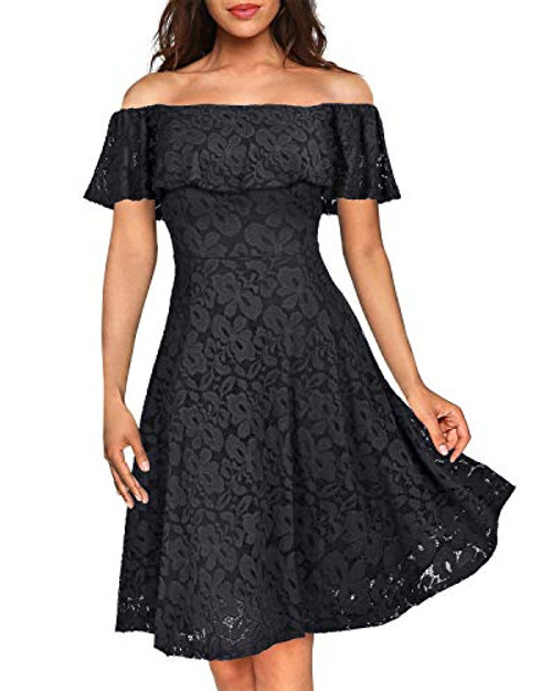 Kidsform Womens Off Shoulder Lace Dress Vintage Cocktail Party Wedding Summer Formal Midi Dresses Black L Kidsform Womens Off Shoulder Lace Dress Vintage Cocktail Party Wedding Summer Formal Midi Dresses Black L