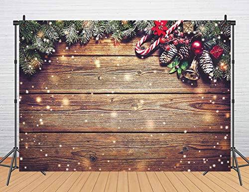 INRUI Winter Christmas Photography Backdrop Snowflake Gold Glitter Xmas Wood Wall Rustic Barn Vintage Wooden Floor Background -8x6FT-