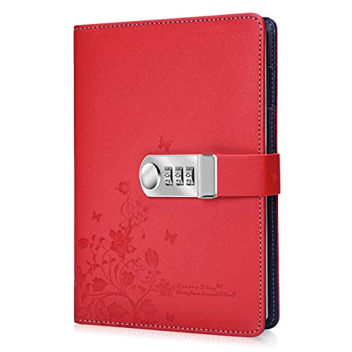 ARRLSDB PU Leather Journal with Lock  A5 Size Diary with Combination Lock Password Notebook Locking Personal Diary -Red-