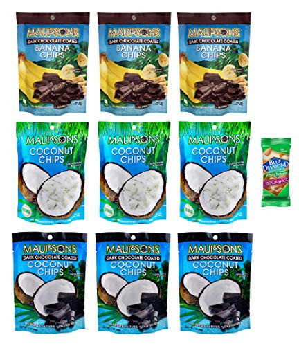 Maui and Sons Coconut Chips Variety Pack of 9 - Includes 3 of Each Flavor - Coconut Chips  Dark Chocolate Coated Coconut Chips and Dark Chocolate Coated