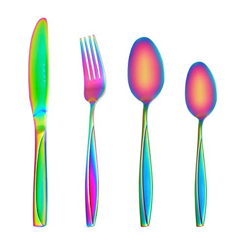 MDEALY 24-Piece Rainbow Silverware Utensils Set Good Quality Stainless Steel Flatware Cutlery Service for 6 Include Dinner Knife Forks Spoon Teaspoons