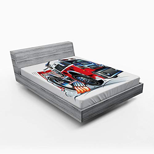 Lunarable Fire Truck Fitted Sheet  Cartoon Vehicle with Powerful Engine Riding to Rescue Fire Department Theme  Soft Decorative Fabric Bedding All-Rou