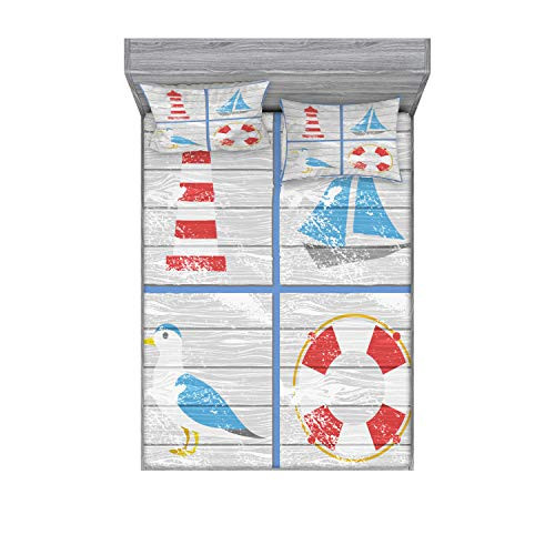 Ambesonne Seagulls Fitted Sheet and Pillow Sham Set Nautical Inspired Seagull Lighthouse Life and Sailboat Wooden Board Background Decorative Printed Ambesonne Seagulls Fitted Sheet and Pillow Sham Set Nautical Inspired Seagull Lighthouse Life and Sailboat Wooden Board Background Decorative Printed