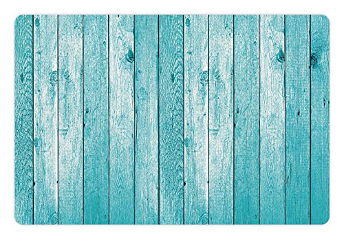Lunarable Turquoise Pet Mat for Food and Water  Aged Wooden Planks Texture Image Vertically Striped Surface Floor Rustic Design  Non-Slip Rubber Mat f