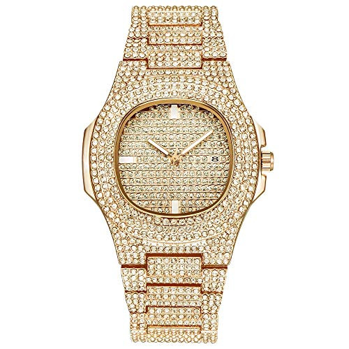 GUCY Mens-Womens Iced Out Watch Hip Hop Fashion Jewelry Simulated Diamond Quartz Watch -Gold-