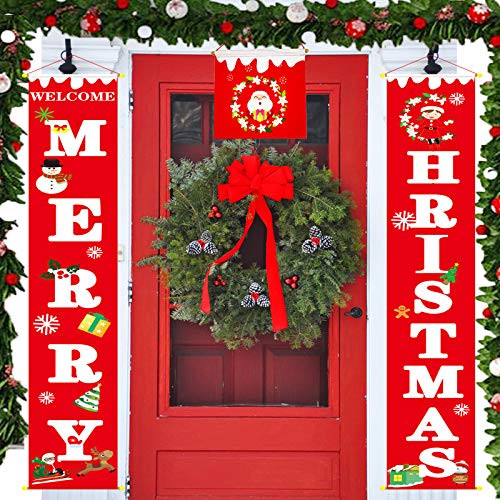 Christmas Porch Sign  Welcome and Merry Christmas Banner Xmas Hanging Sign Flag Christmas Front Door Decorations Indoor Outdoor for Yard Home Porch Wa