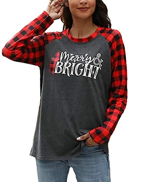 Merry Bright Shirt Women Christmas Buffalo Plaid T Shirts Funny Graphic Blouse Baseball Long Sleeve Cute Top Black