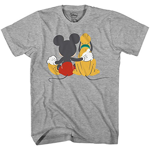 Disney Mickey Mouse and Pluto Back Disneyland World Tee Funny Humor Adult Mens Graphic T-Shirt Apparel -Heather Grey  Small-