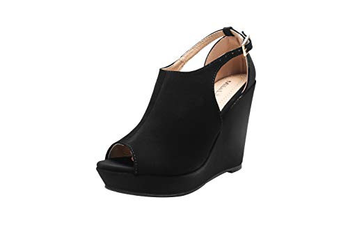 Mila Lady Lisa 2 Womens Platform Wedges Cutout Side Straps  Peep-Toe Ankle Bootie  Heeled Sandal- Black 11