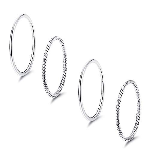 Milacolato 4Pcs 1-2mm Sterling Silver Minimalist Knuckle Stackable Ring for Women Skinny Midi Twist Smooth High Polish Plain Band Comfort Fit Size 5 t