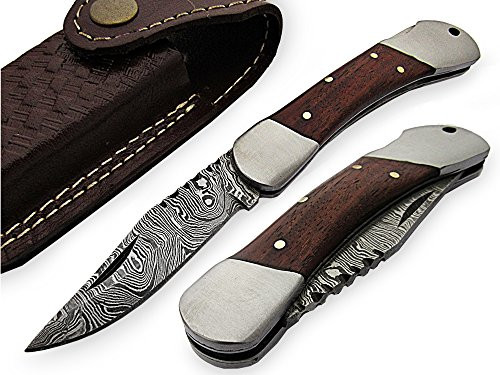 AishaTech Mini Barrett Pocket Knife Damascus Steel Blade Wood Handle