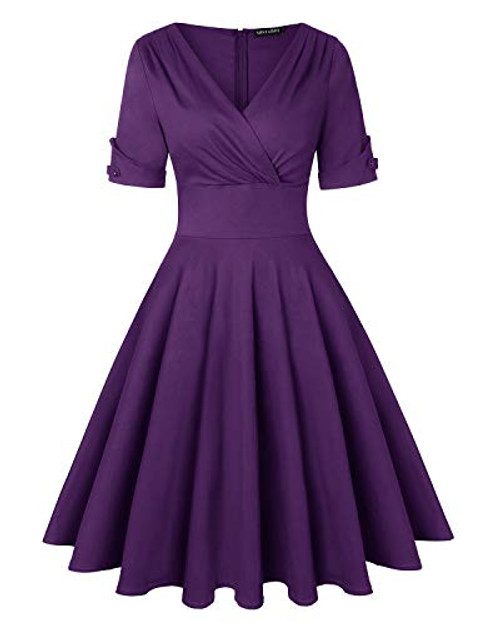 MINTLIMIT Womens 1950s V-Neck A-Line Half Sleeve Rockabilly Dress Vintage Swing Party Dress -Plain Purple  XX-Large- MINTLIMIT Womens 1950s V-Neck A-Line Half Sleeve Rockabilly Dress Vintage Swing Party Dress -Plain Purple  XX-Large-