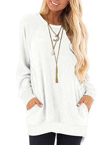 MISFAY Womens Casual Long Sleeve Round Neck Pocket T Shirts Blouses Tunic Sweatshirt Tops with Pocket -S  White-