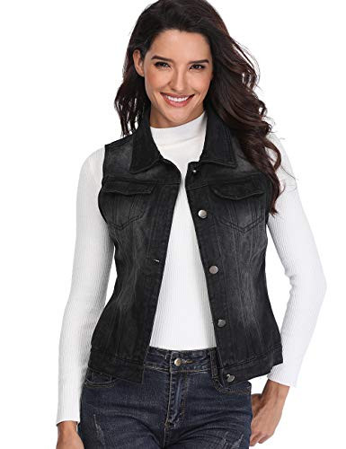 Denim Vest for Women Distressed Classic Button Sleeveless Jean Jacket Black M