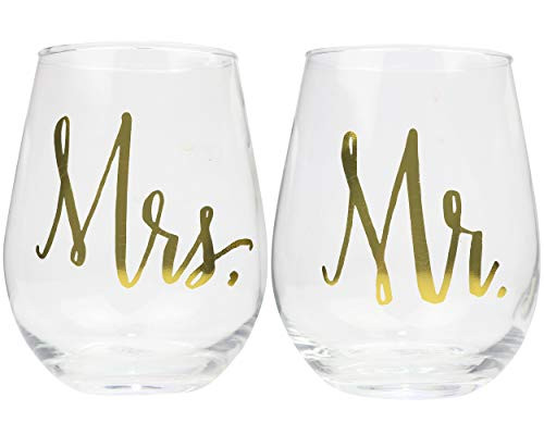 Mr- and Mrs- Stemless Wine Glass  Set of 2-1 Mr and 1 Mrs- 22oz Golf Foil Stemless Wine Glasses  Perfect Engagement Present  Wedding Gift  Anniversary