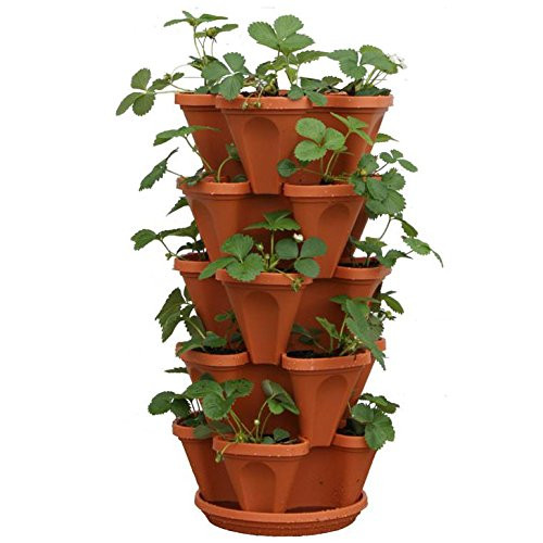 5-Tier Strawberry and Herb Garden Planter - Stackable Gardening Pots with 10 Inch Saucer -Terra-Cotta-