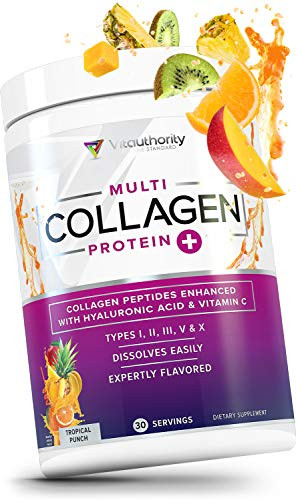 Multi Collagen Peptides Plus Hyaluronic Acid and Vitamin C  Hydrolyzed Collagen Protein  Types I  II  III  V and X Collagen  Tropical Punch Flavor