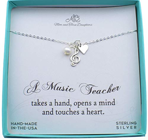 Music Note Charm Women Pendant in Sterling Silver - Hand Made 18 Cable Chain with 2 Extender - Accented by a Freshwater Pearl - Fabulous Gift for a
