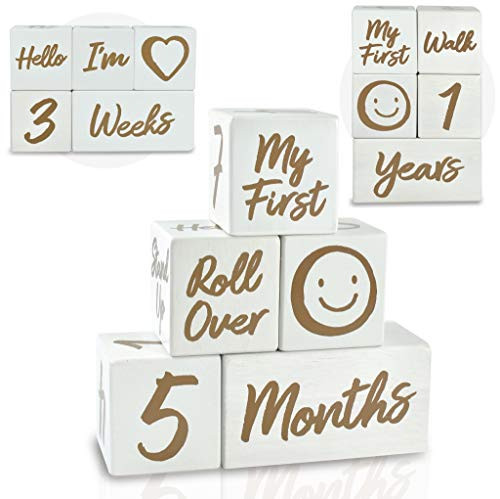 Im Solid Wood Weekly Monthly Yearly Baby Milestone Age Blocks  Gender Neutral  Newborn Gifts and Keepsakes for Picture Props -5 Pcs - White-