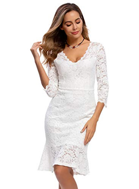 Lace Cocktail Dresses for Women Party Wedding V Neck Formal Evening Bodycon Ruffle Dress White